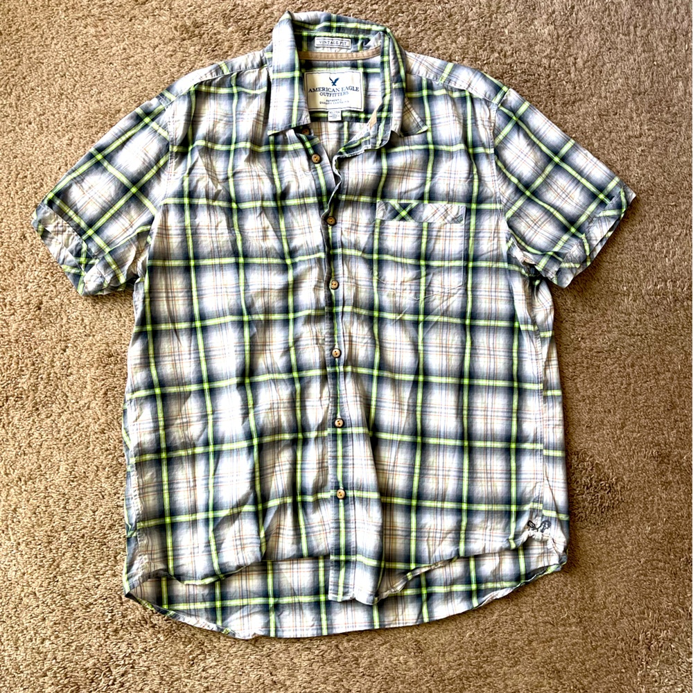 Lime Green and Blue Plaid American Eagle Outfitters Vintage Fit Collared T Shirt